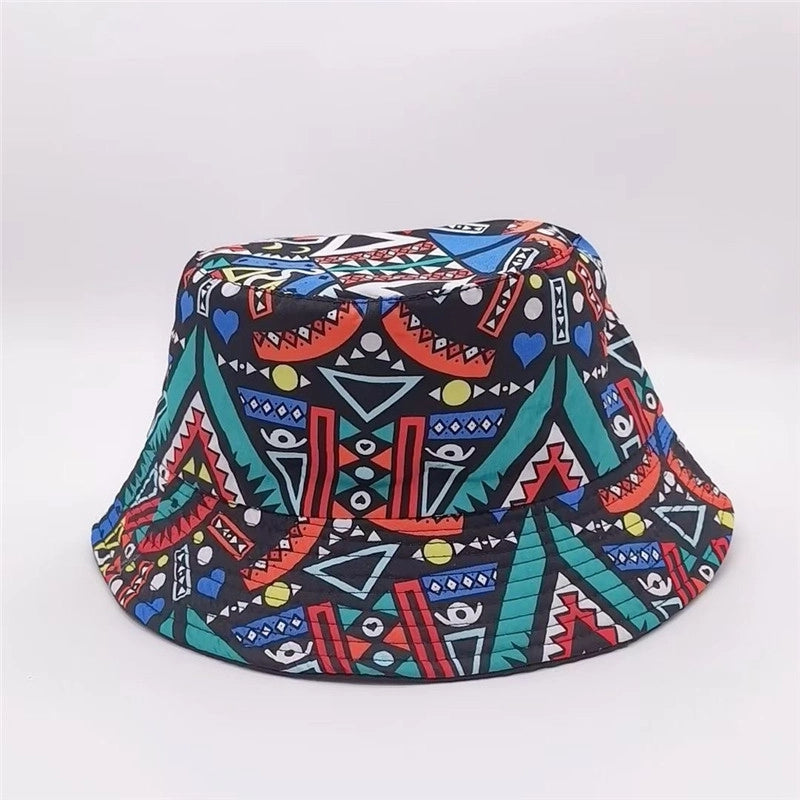 Ethnic Style Double-sided Fisherman Hat New Geometric Rhombus Casual Basin Hat Flat Top Sun Hat Tide