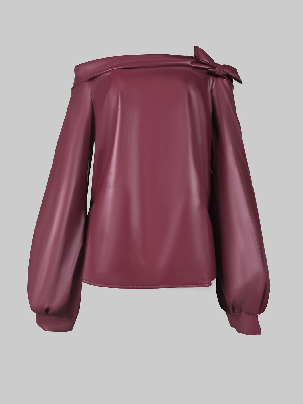 Long Sleeves Puff Sleeves Asymmetric Knot Solid Color Off-The-Shoulder Shirts Top + Pants Bottom Two Pieces Set