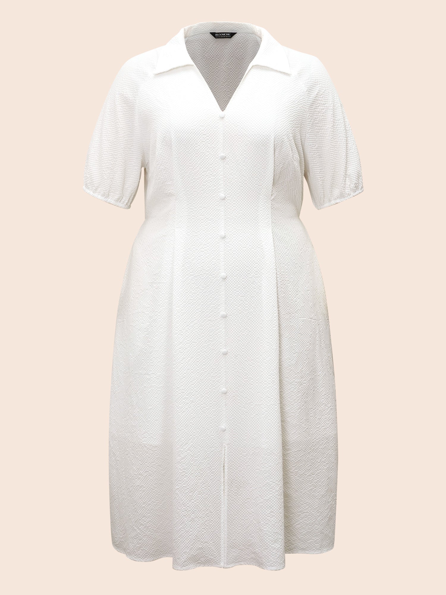 Texture Shirt Collar Button Detail Split Front Dress