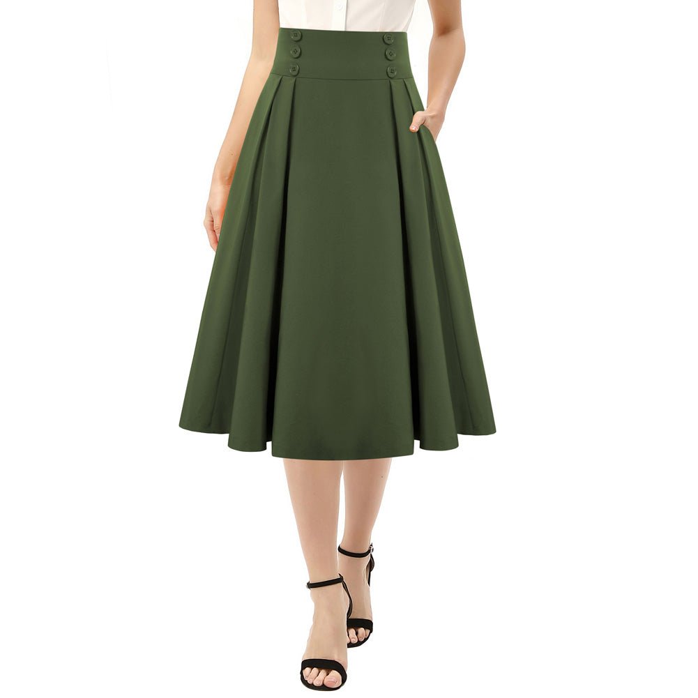 Leaf Patterns Pleated Buttons Decorated Elastic Waist High Waist Swing A-Line Skirt with Pockets