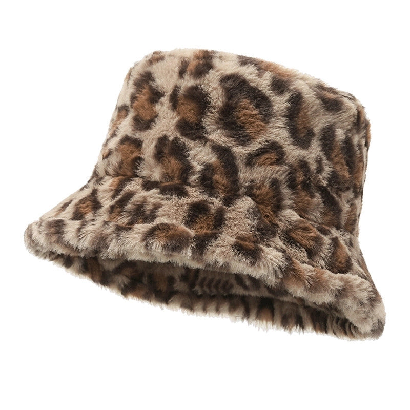 Hat Women's Winter Face-looking Leopard Print Fisherman Hat Women's Warm Basin Hat Plush Bucket Hat