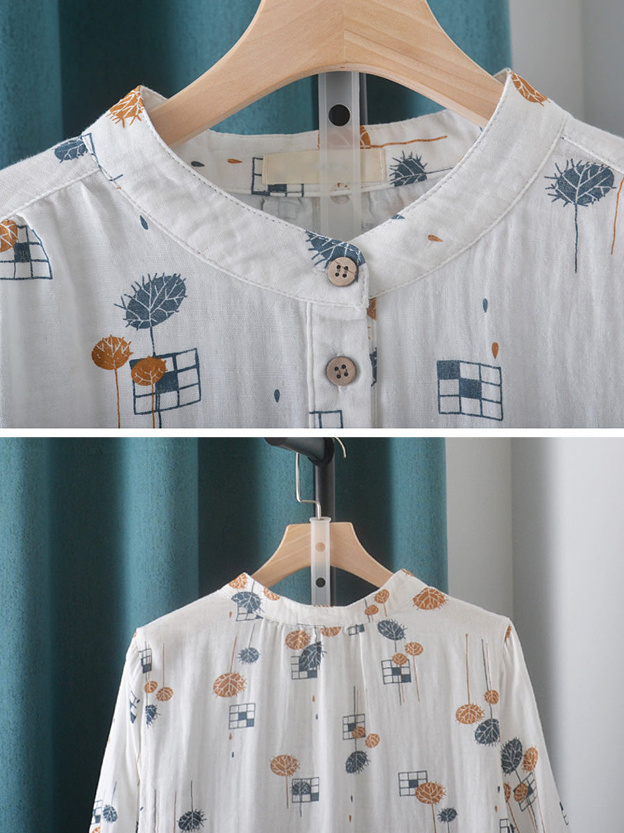 Women Summer Casual Print Stand Collar Cotton Shirt
