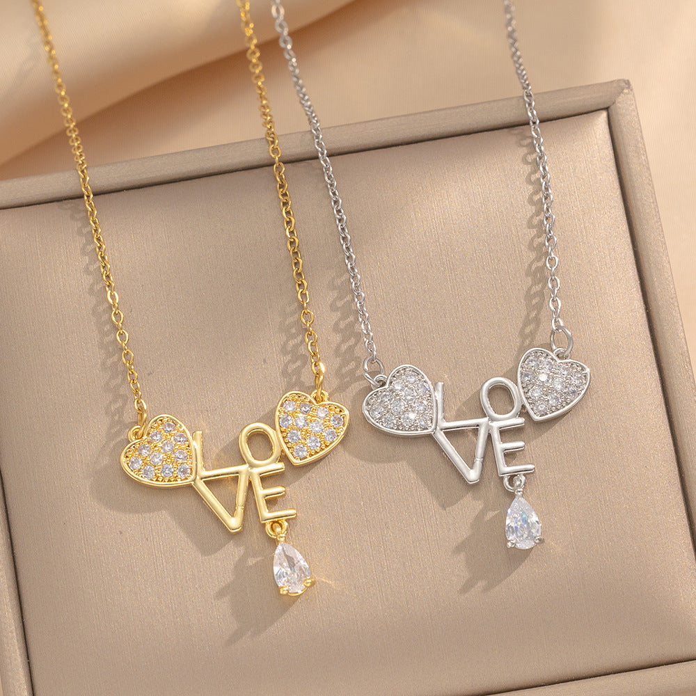 Diamond Letter Love Necklace Retro Fashion Design Heart-Shaped Clavicle Necklace