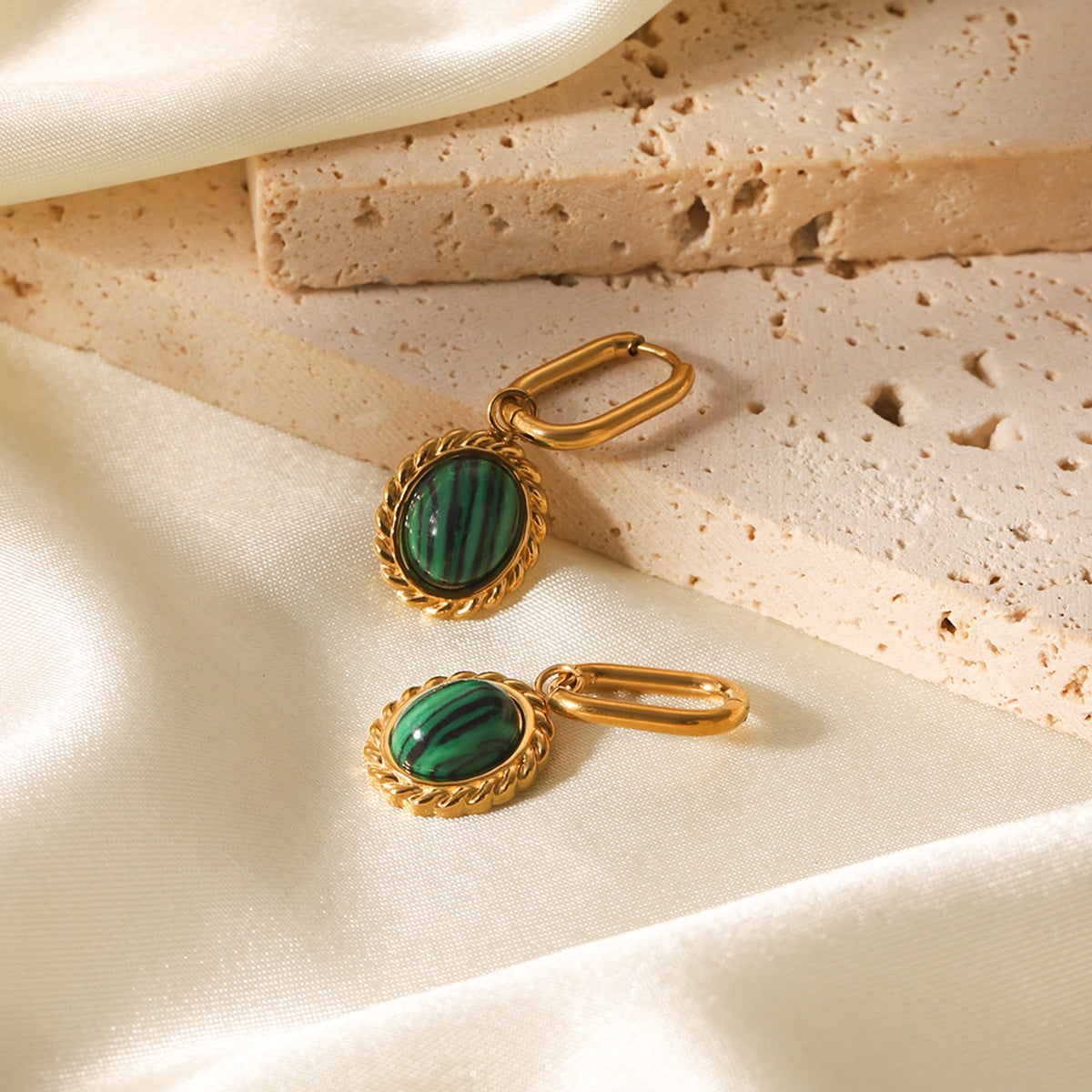 Retro Style Twisted Oval Stainless Steel Inlaid Malachite Pendant Earrings For Women