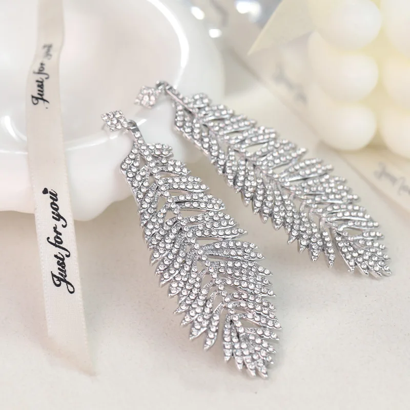 Creative Large Leaf and Rhinestone Pendant Earrings Fashion Women's Feather Jewelry