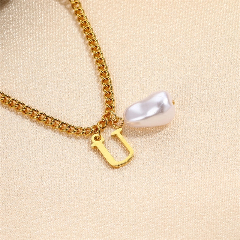 304 Stainless Steel Titanium Steel IG Style Minimalist Pearl Letter Pendant Necklace
