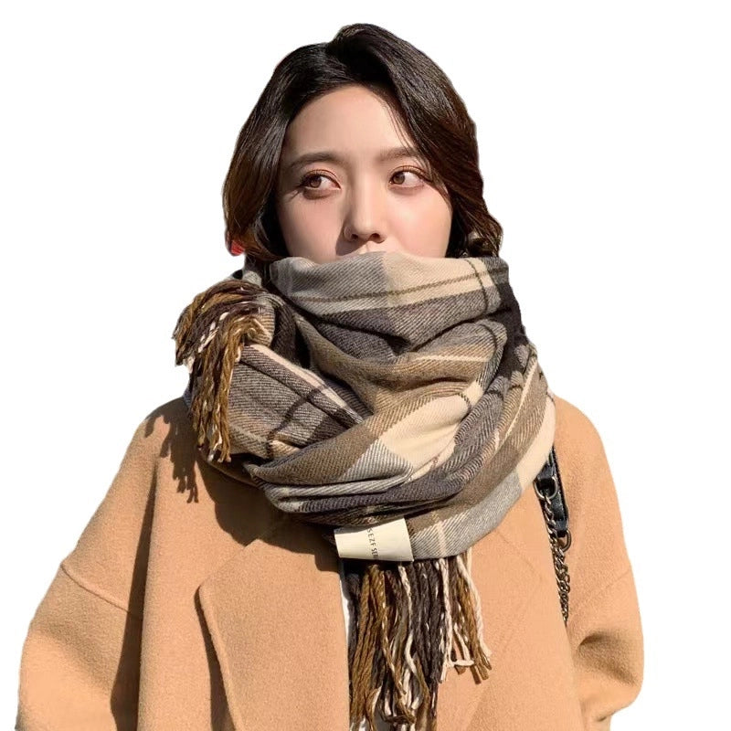 Women's Elegant Minimalist Lattice Imitation Cashmere Tassel Scarf