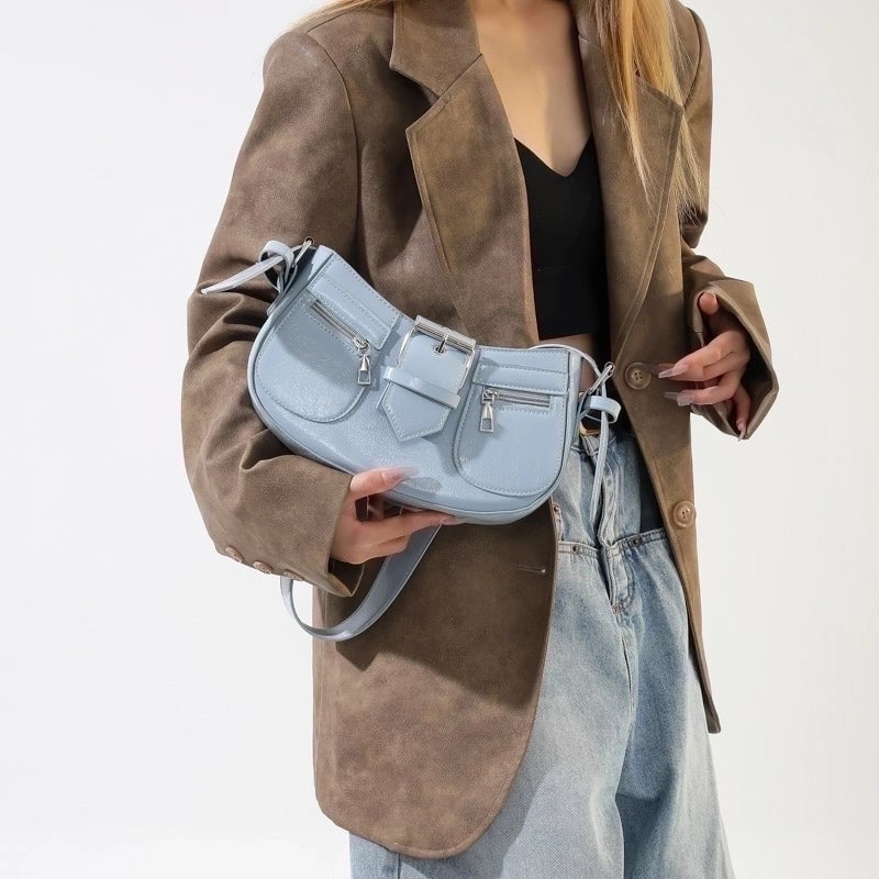 Women's Pu Solid Color Punk Classic Style Sewing Thread Dumpling Shape Zipper Underarm Bag