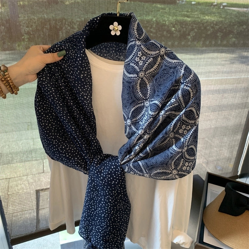 Women's Silk Scarf Summer Versatile Thin Scarf Cotton And Linen Scarf Blue Feather Tassel Beach Towel Sunscreen Shawl