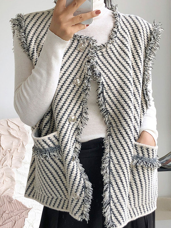 Loose Sleeveless Buttoned Fringed Pockets Striped V-Neck Vest Outerwear