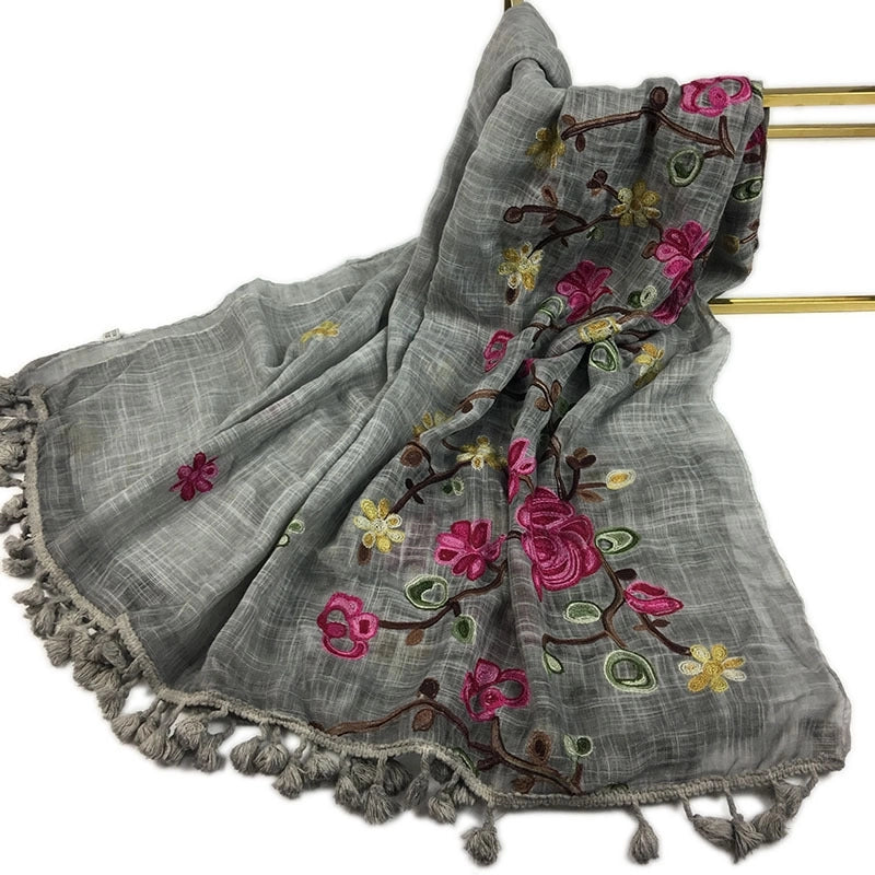 Women's Minimalist Leaves Solid Color Flower Cotton And Linen Embroidery Tassel Scarf Shawl