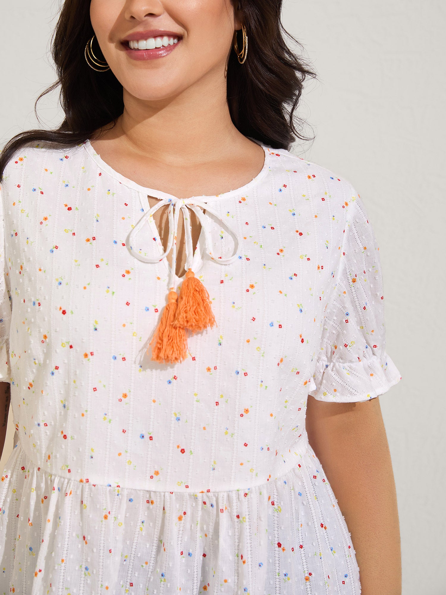 Cotton Colorful Embroidered Tassels Solid Blouse