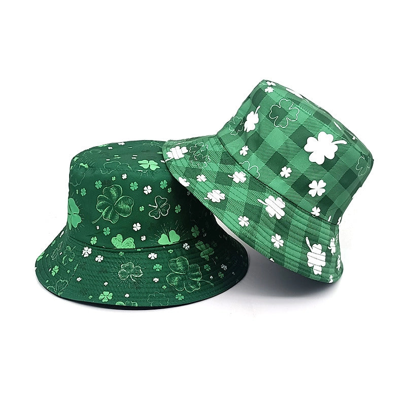 Unisex Retro Four Leaf Clover Printing Wide Eaves Bucket Hat