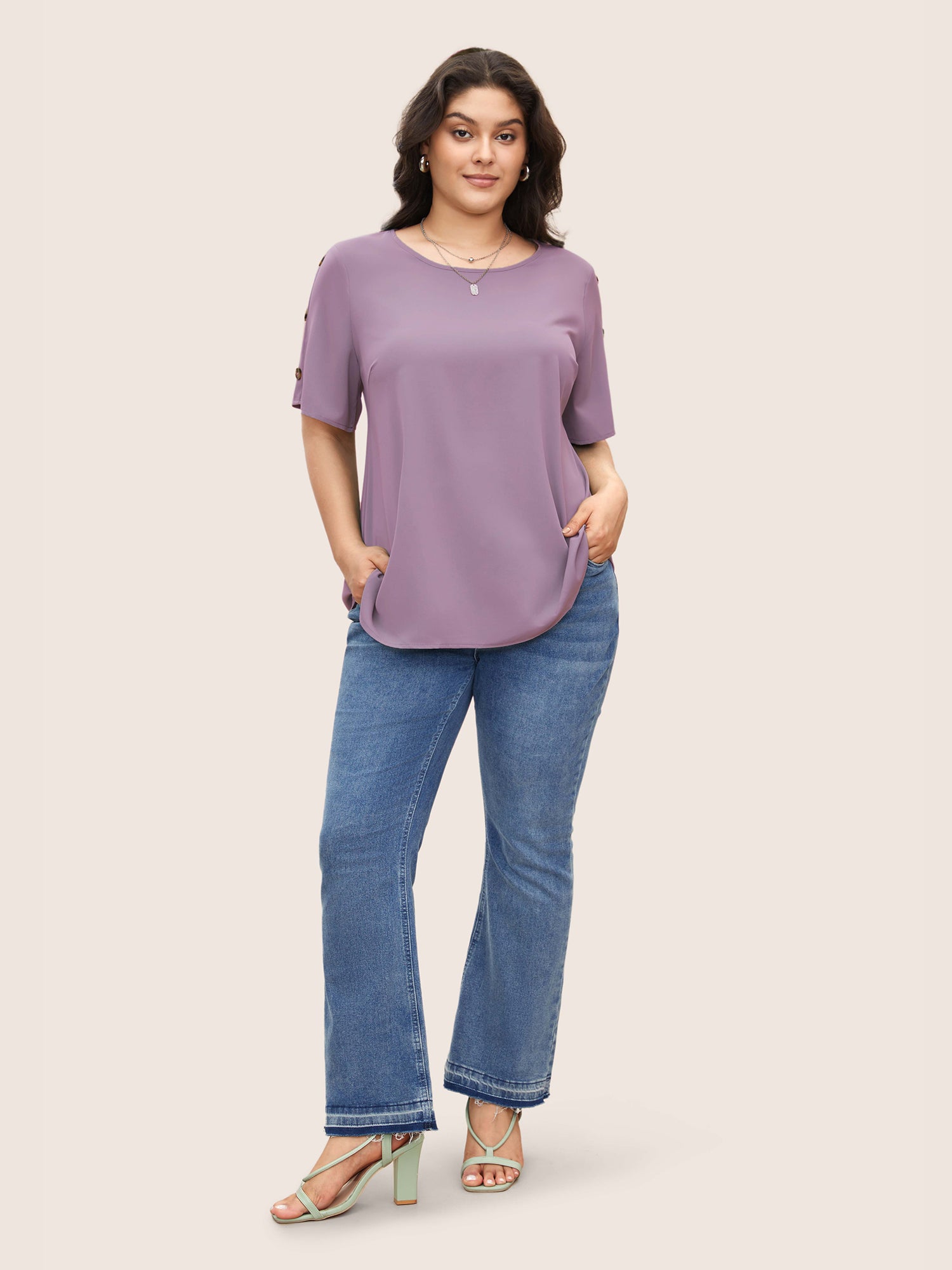 Plain Round Neck Button Detail Blouse