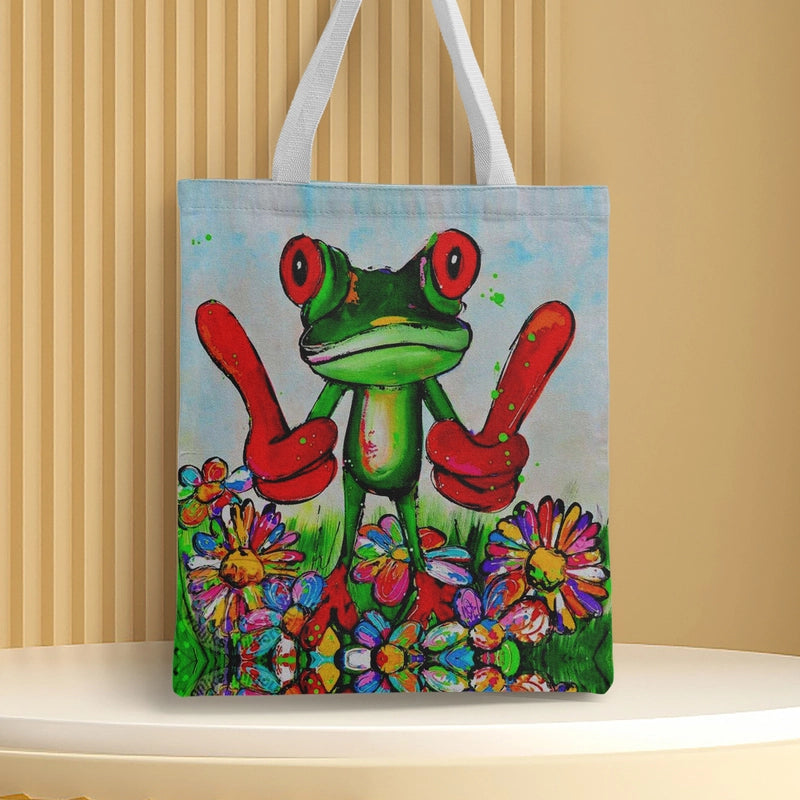 Women's Medium Canvas Frog Basic Classic Style Square Open Canvas Bag