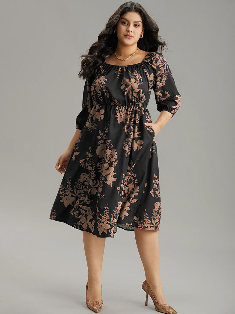 Silhouette Floral Print Elastic Cuffs Dress