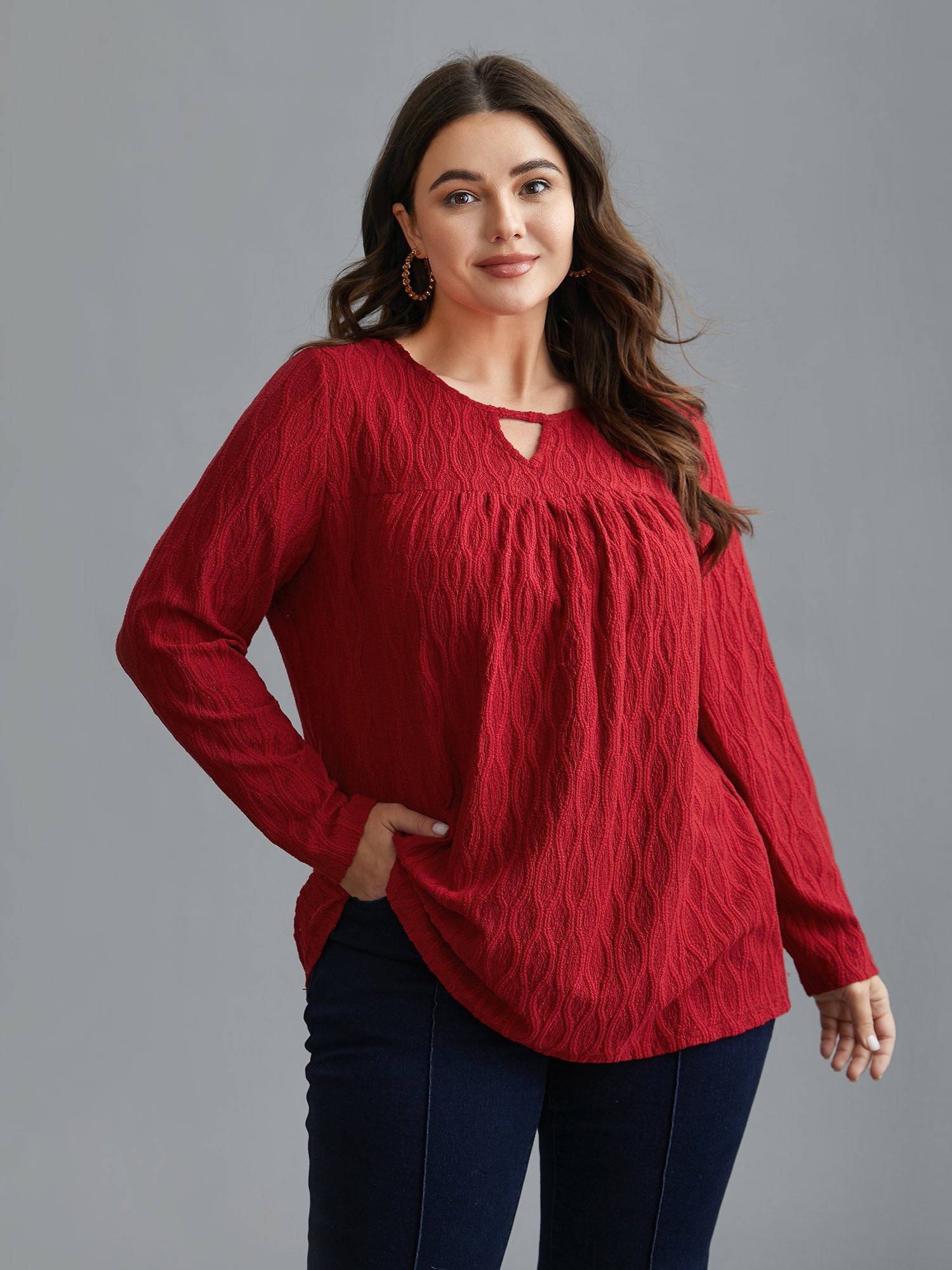 Textured Keyhole Gathered Knit Top