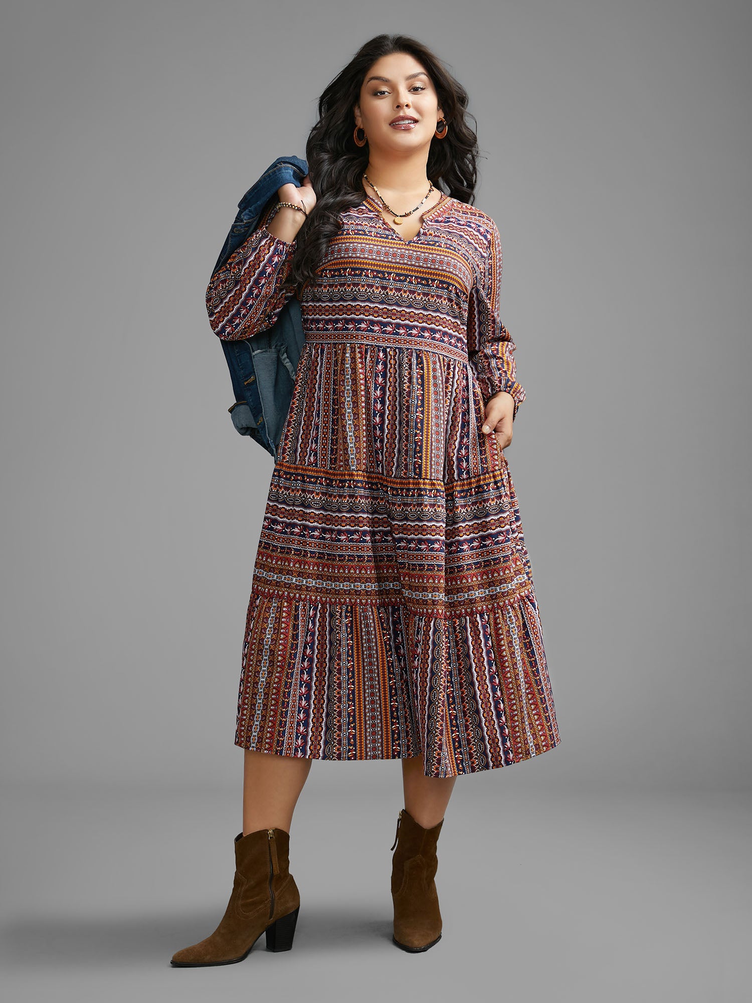 Bandana Striped Ruffle Layered Hem Dress