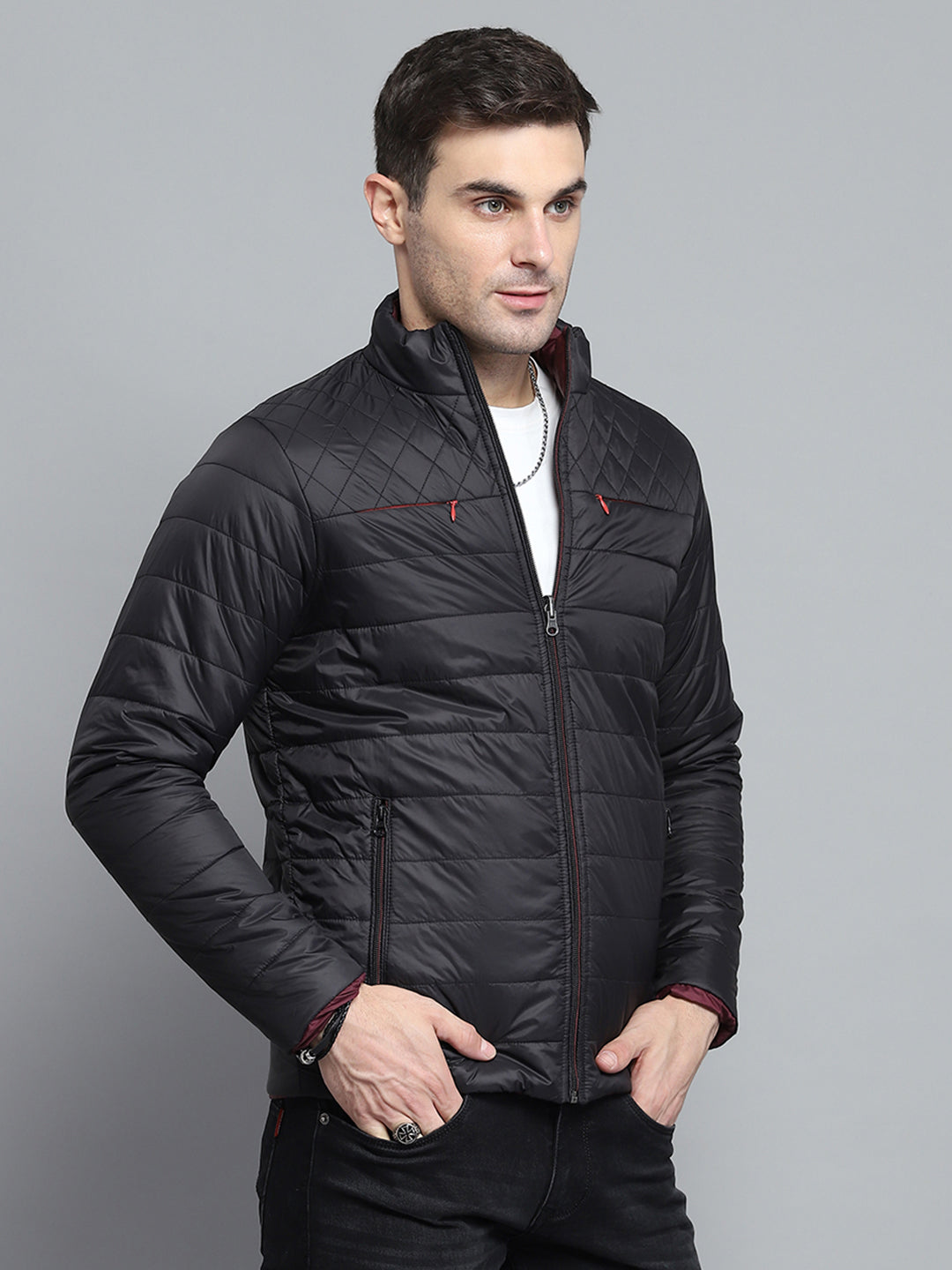 Men Black Solid Mock Neck Full Sleeve Jacket