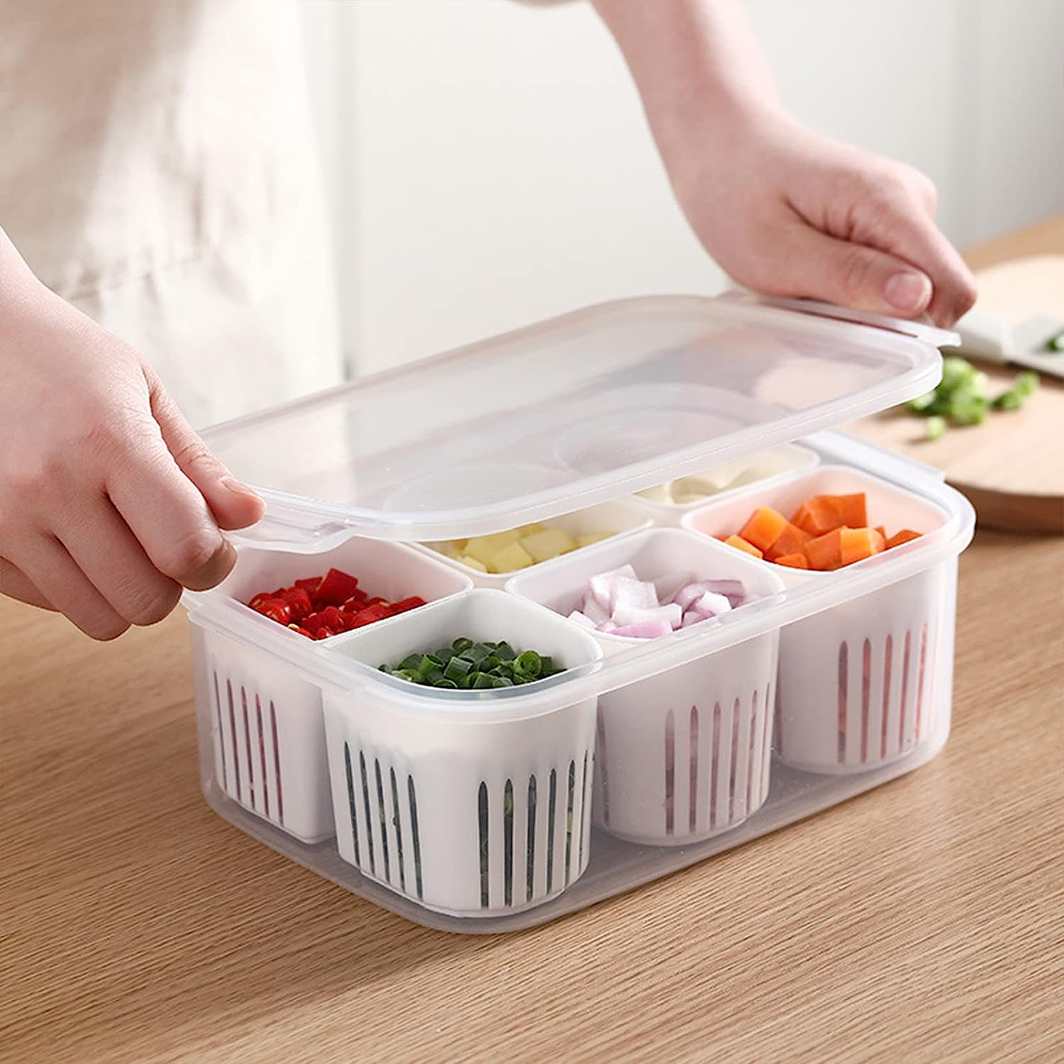 Fridge Food Storage Container With Lid. Airtight Refrigerator Food Box With 6 Pcs Detachable Drain Basket