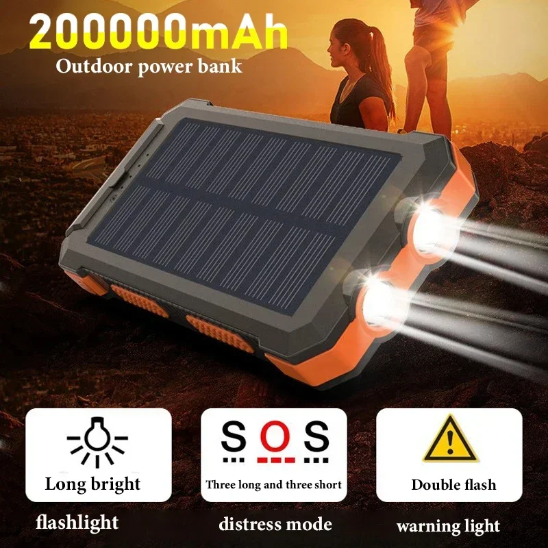 200000mAh Portable Solar Power Bank Suitable Xiaomi iPhone Samsung Outdoor Charger Power Bank Dual USB Charging with LED Light