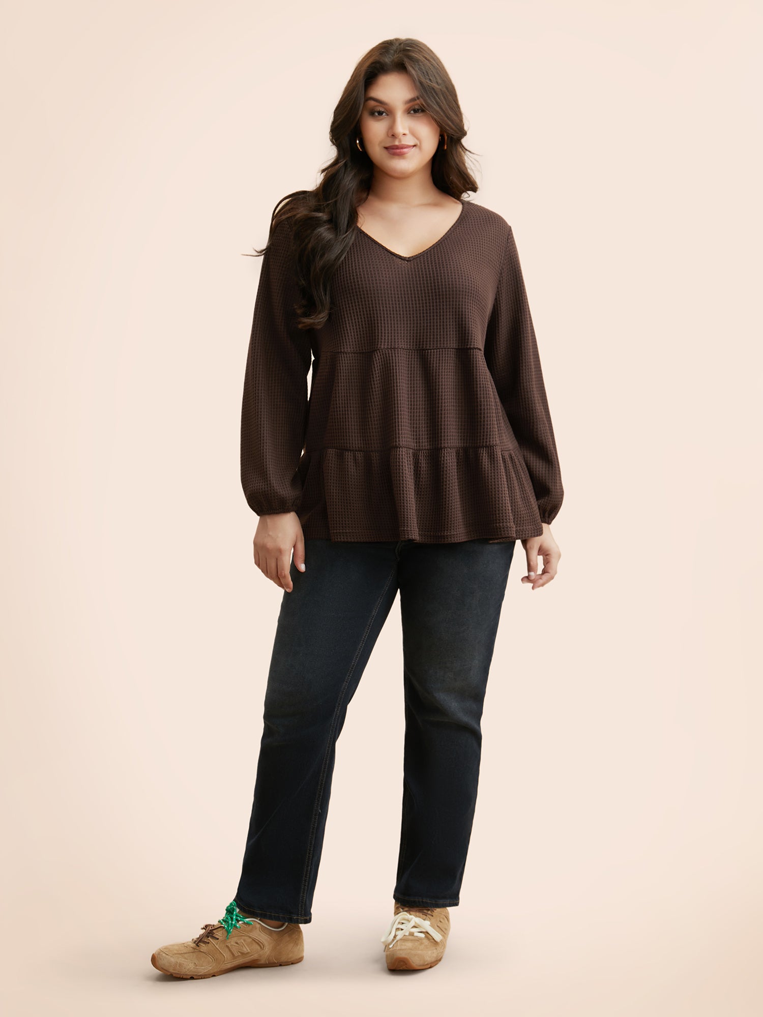 Solid Waffle Knit Ruffle Hem T-shirt