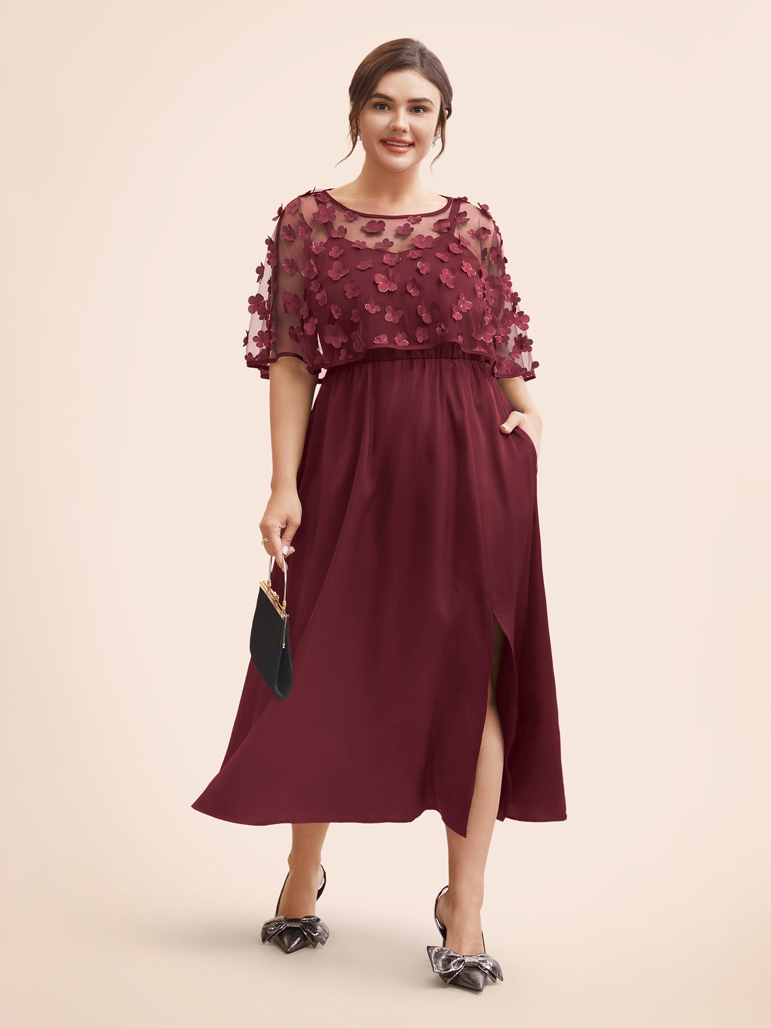 Appliques Mesh Split Hem Dolman Sleeve Dress