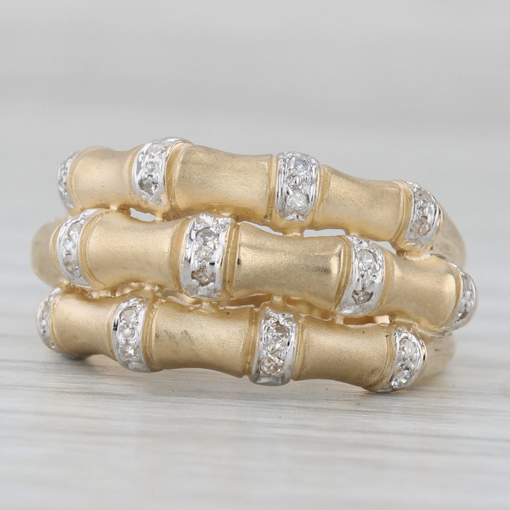 Layered Stacked Band 0.10ctw Diamond Bamboo Ring 14k Yellow Gold Size 5.75