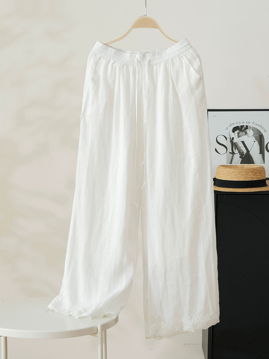 Women Summer Artsy Pure Color 100%Ramie Wide-leg Pants