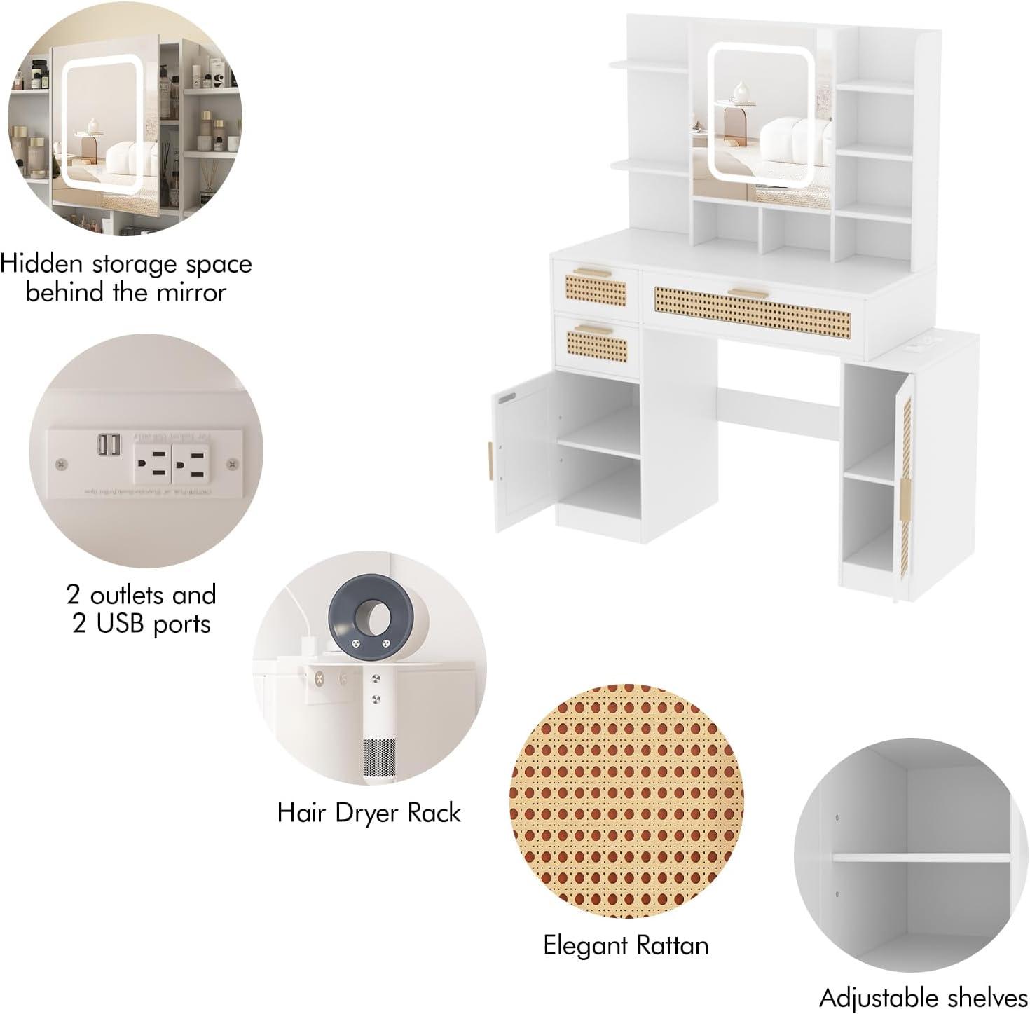 Makeup Vanity with Lights in 3 Colors and Power Outlet 43.6inch Big Vanity Table