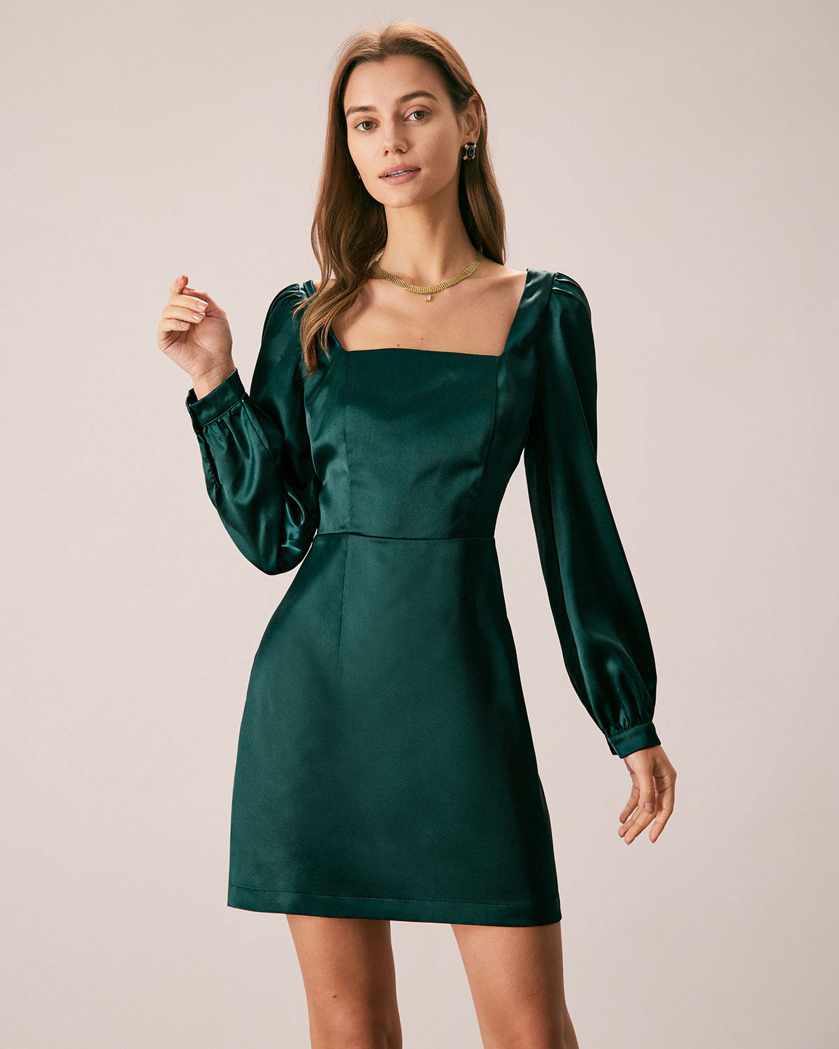 The Green Square Neck Satin A-Line Mini Dress