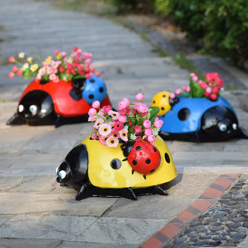 Metal Ladybug Flower Pot