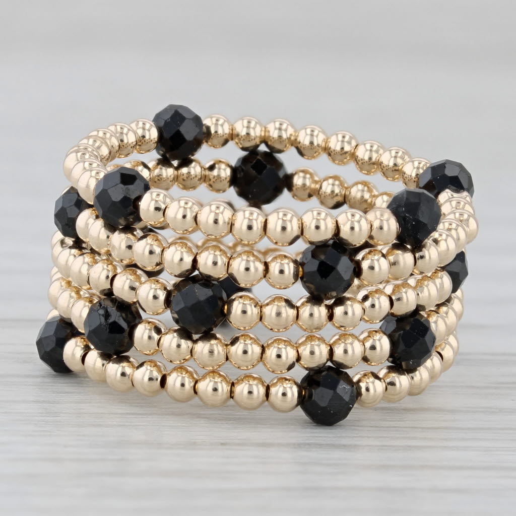 New Coiled Bead Black Glass Ring 14k Yellow Gold Adjustable Size 7