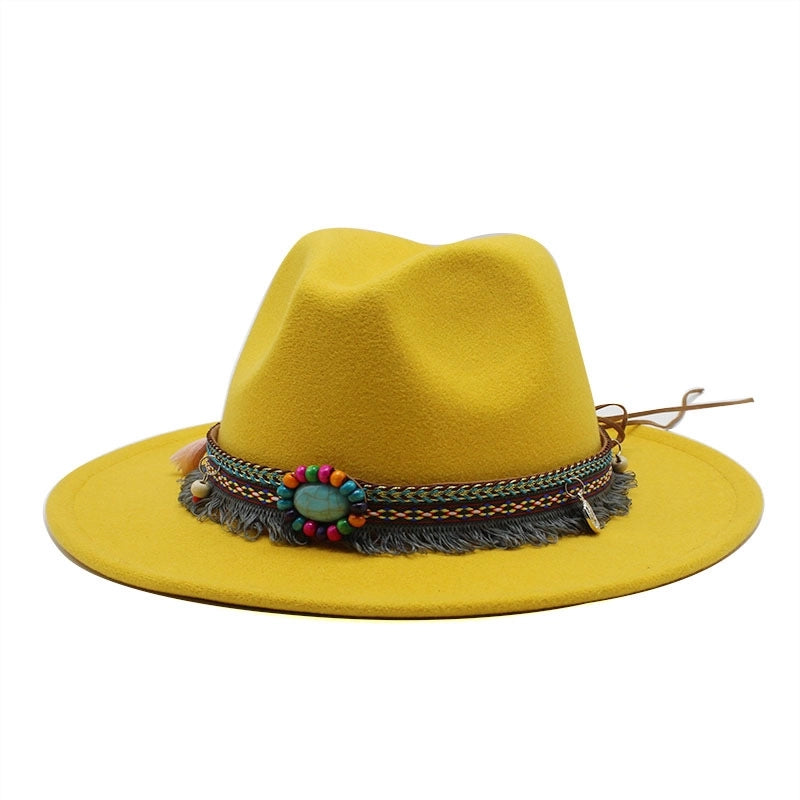Designed Hot Sale Woolen Hat Women's Ethnic Style Retro Flat Brim Big Brim Jazz Hat