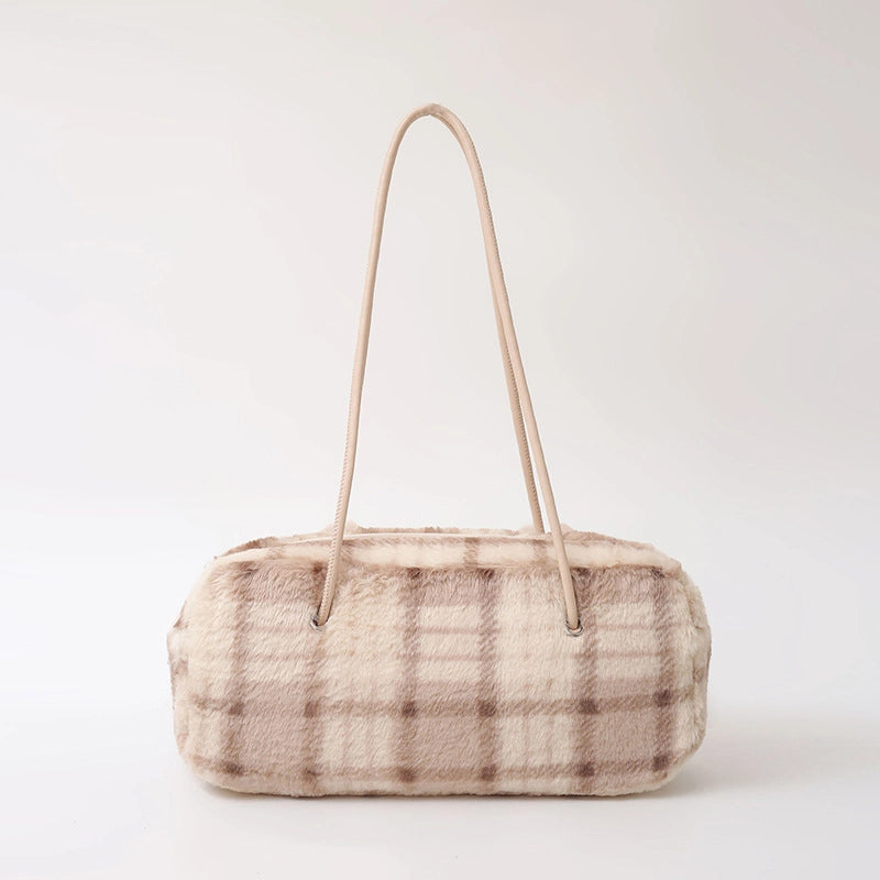 Women's Fur Lattice Plaid Streetwear Pillow Shape Zipper Underarm Bag