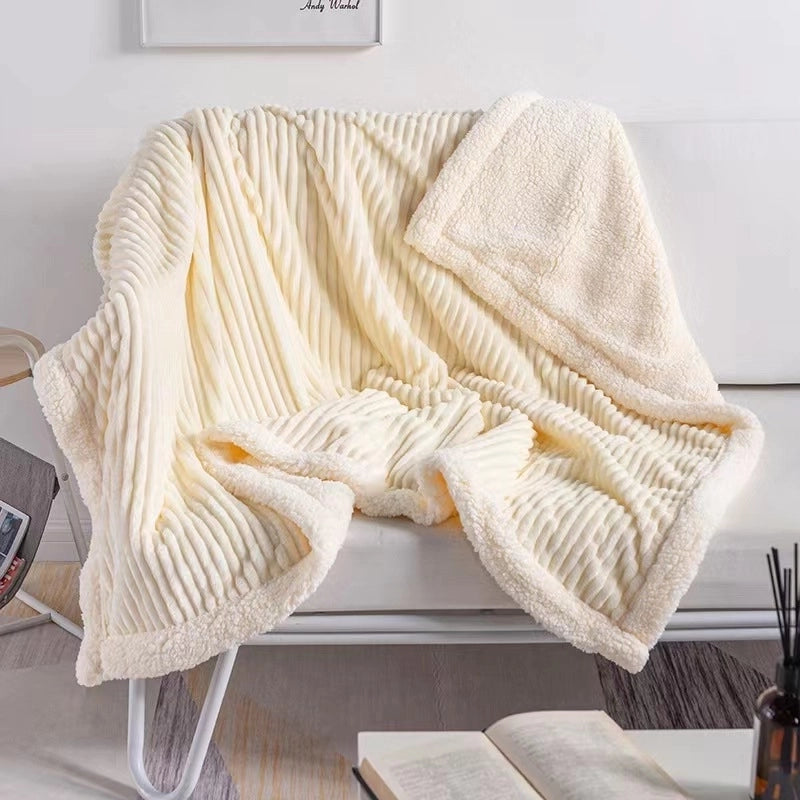Plain Double Layer Lambskin Blanket Summer Flannel Blanket Striped Pattern Sofa Blanket Casual Nap Air-conditioning Blanket