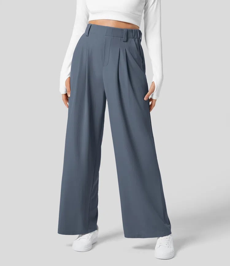 High Waisted Plicated Side Pocket Wide Leg Waffle Work Pants