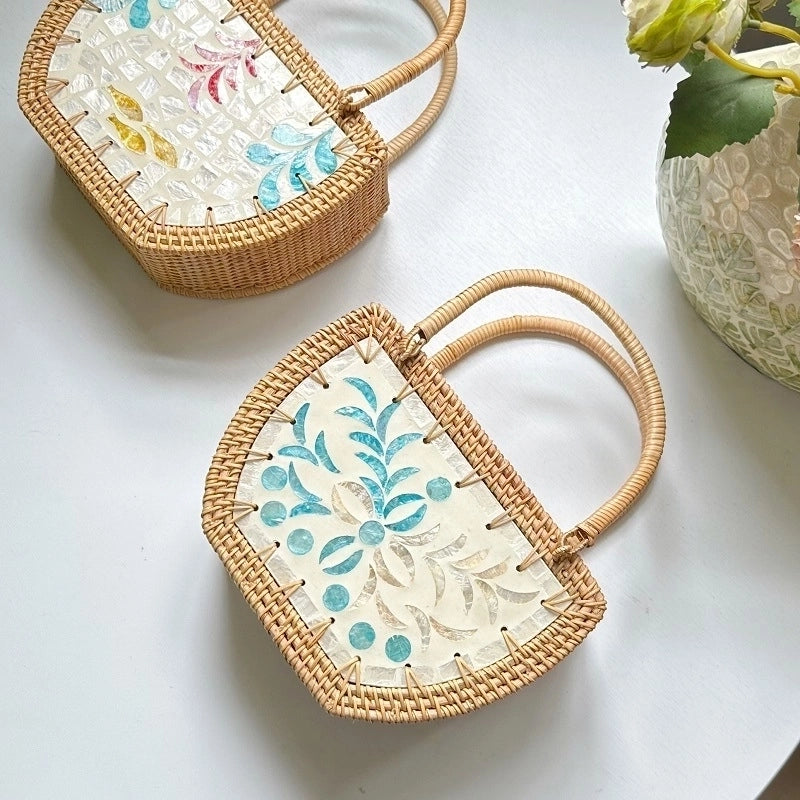 Women's Medium Straw Flower Vintage Style Beach Weave String Straw Bag