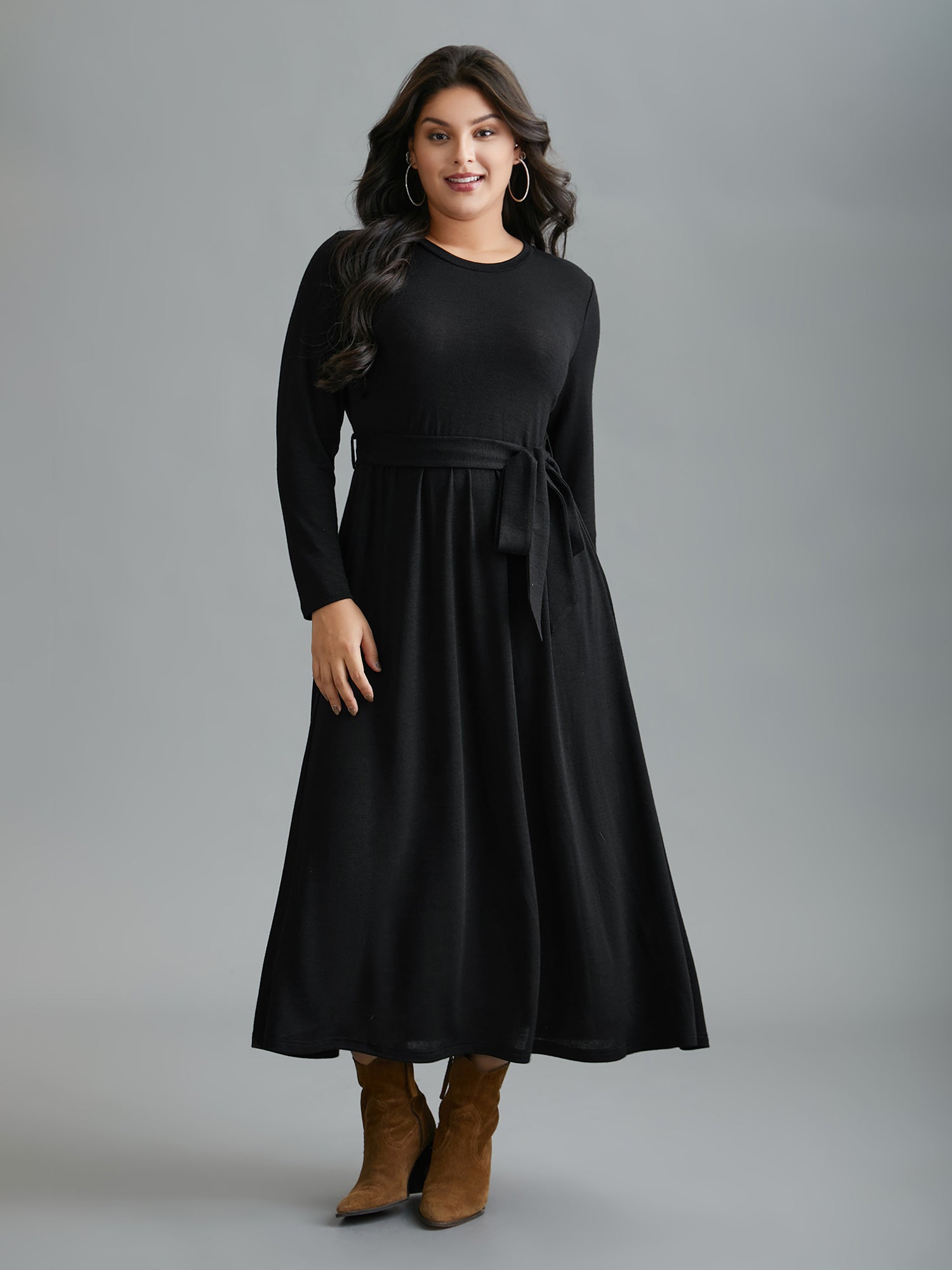 Round Neck Heather Belted Dress