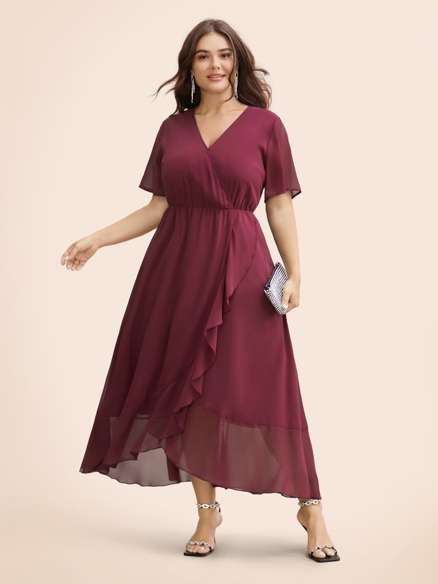 Chiffon Overlap Collar Ruffle Sleeve Dress