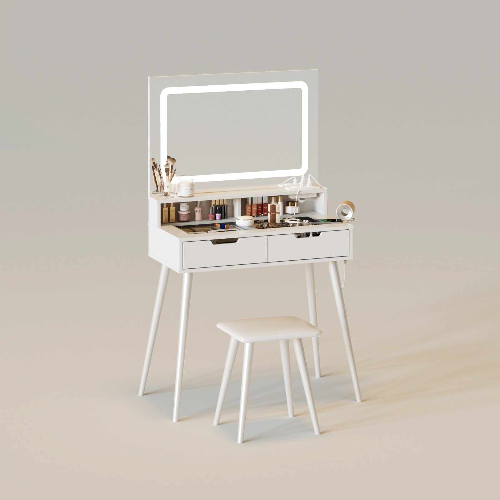 Glass Tabletop Vanity Table Set with Stool,Small Makeup Vanity with Drawers for Bedroom