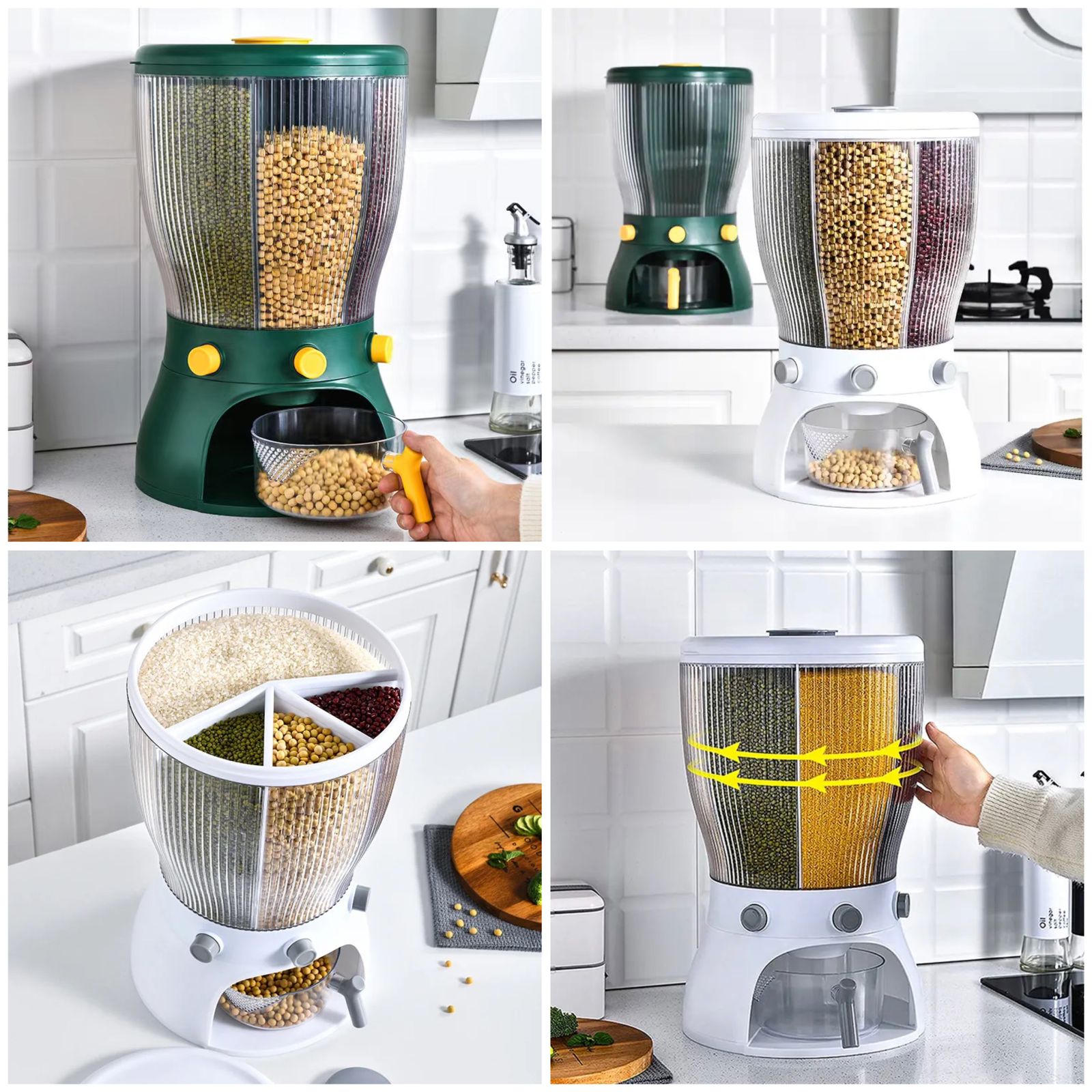 ROTATING MULTIPURPOSE 4 PORTIONS DISPENSER FOR RICE . CEREAL . LENTILS ETC