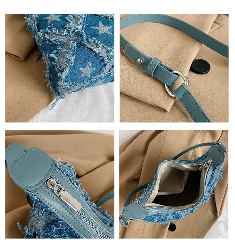 Women's Small Denim Star Streetwear Zipper Underarm Bag
