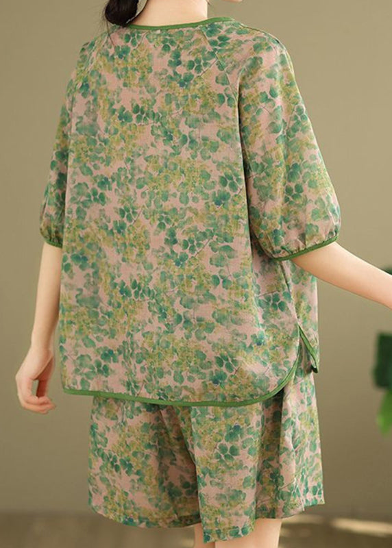 Casual Green Side Open T Shirt And Shorts Two Pieces Set Short Sleeve