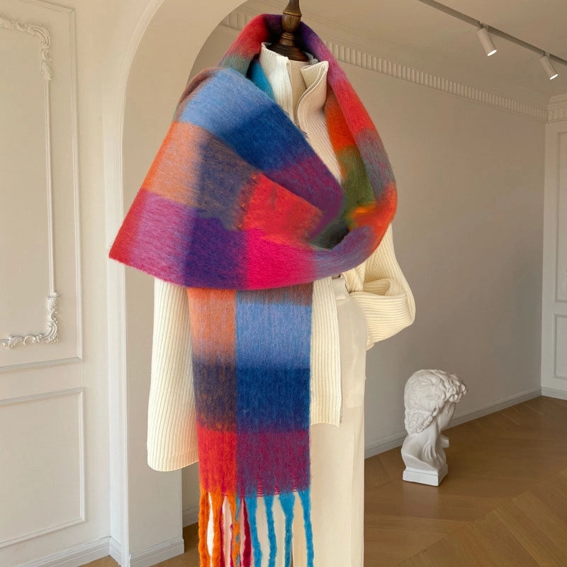 Famous High-grade Delicate Soft Gradient Color Plaid Color Matching Tassel Cashmere-like Shawl Net Red Scarf
