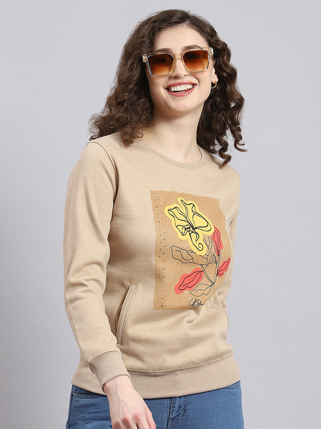 Women Beige Printed Round Neck Full Sleeve Sweatshirt