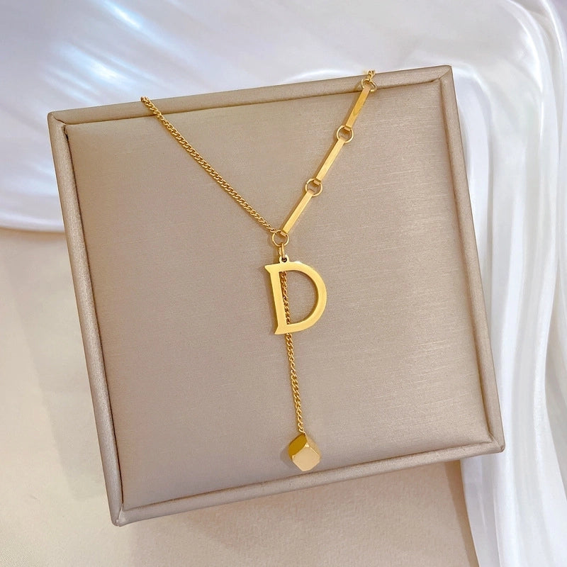 Minimalist Circle Letter Butterfly Titanium Steel Plating Inlay Rhinestones Necklace