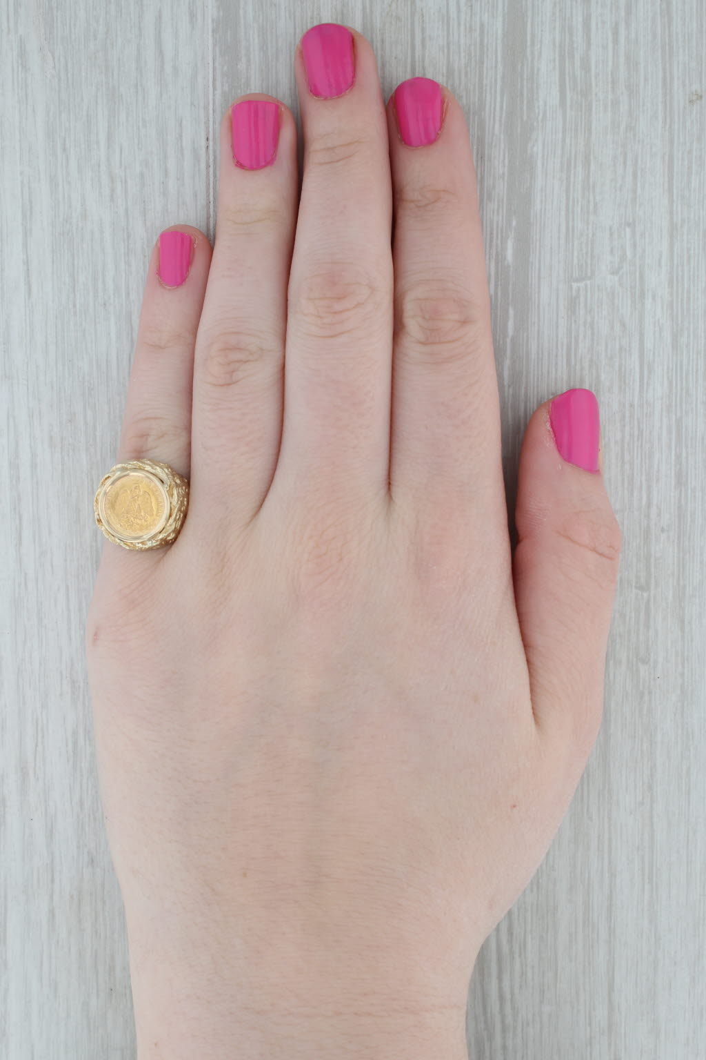 1945 Dos Pesos Coin Ring 14k 900 Yellow Gold Nugget Size 7.5 Mexico