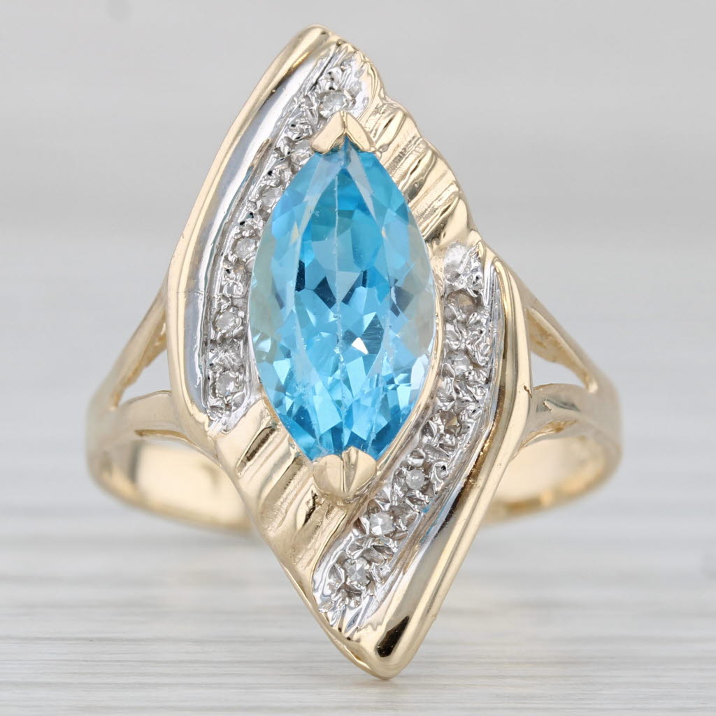3.82ctw Marquise Blue Topaz Bypass Ring 14k Gold Diamond Accents Size 10.25