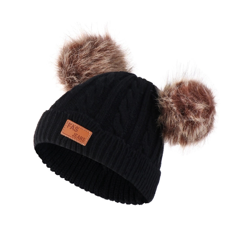 Autumn And Winter Children's Thickened Wool Hat Ear Double Hair Ball Warm Ear Protection Knitted Hat Set With Standard Solid Color Hat